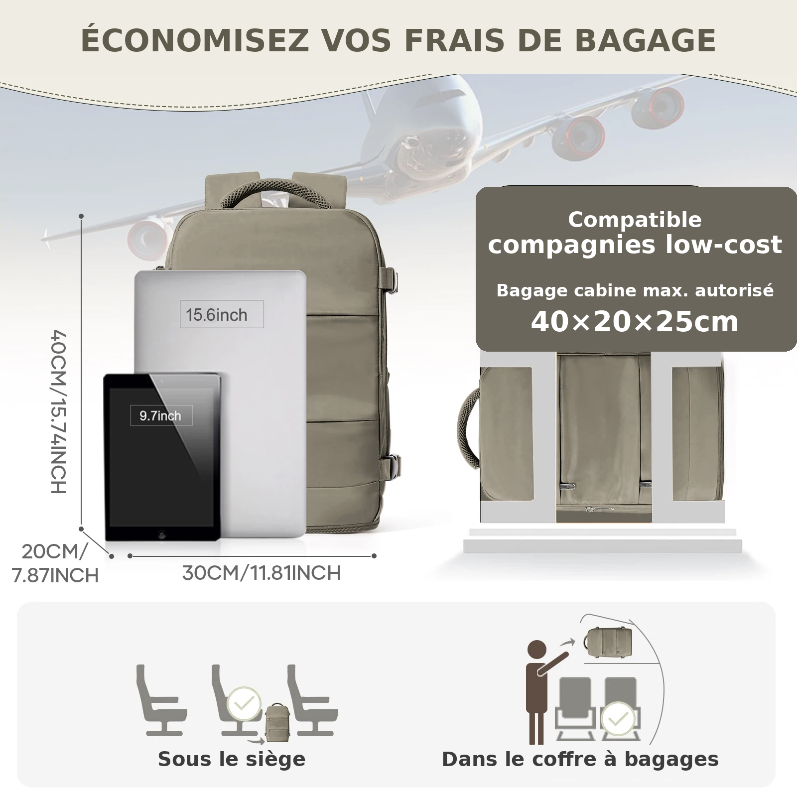"Sac à Dos Cabine 40x30x20 - Sac de Voyage Élégant pour Homme & Femme, Bagage à Main Idéal & Porte-Ordinateur"