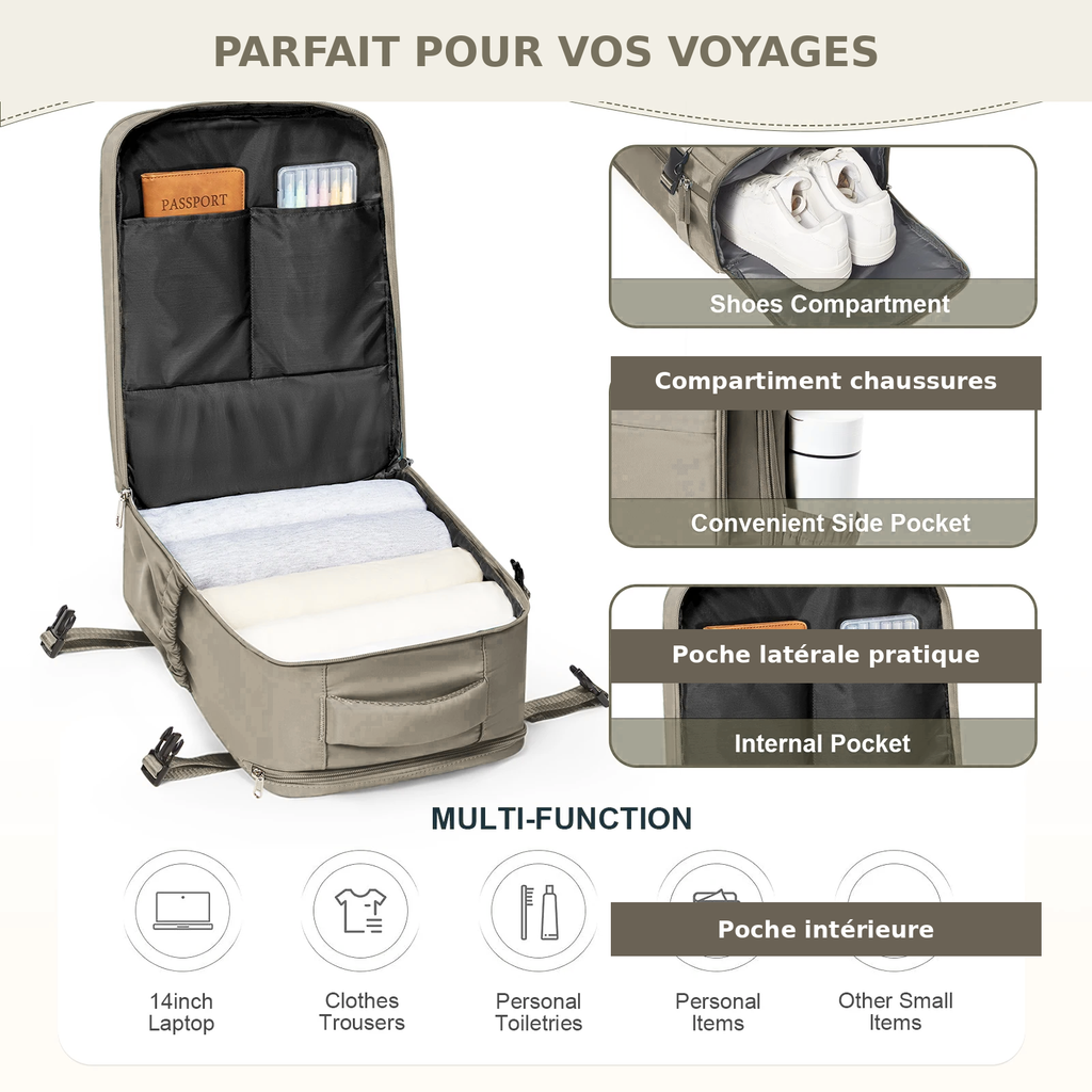 "Sac à Dos Cabine 40x30x20 - Sac de Voyage Élégant pour Homme & Femme, Bagage à Main Idéal & Porte-Ordinateur"